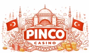PINCO Casino in Turkish style with mosque illustration, Turkish flags and red outline design on white background