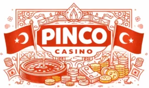 PINCO Casino branding with Turkish flags, decorative owls and casino coins in red and white Turkish style