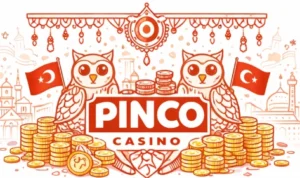 PINCO Casino Turkey themed illustration with Turkish flags, traditional instruments and casino coins in red outline style